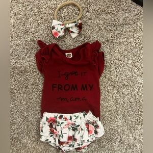 Baby Girl Maroon "I Got It From My Mama" Baby Romper with Floral Bloomers & Bow